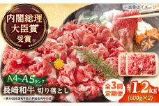 【全3回定期便】【A4～A5】長崎和牛切り落とし　1.2kg(600g×2p）【株式会社 MEAT PLUS】 [DBS058]長崎和牛 和牛 国産 牛肉  長崎和牛 切り落とし 1.2kg 600g 2パック3回定期便 定期便 3回