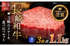 【希少部位】長崎和牛 贅沢3種の ステーキ Bセット 計1.1kg【黒牛】 [QBD027] ヒレ ランプ リブロース 和牛 8万円 80000円    