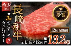 【全12回定期便】「希少部位 食べ比べ 」長崎和牛 贅沢3種の ステーキ Aセット 計13.2kg （約1.1kg/回）【黒牛】 [QBD058] ザブトン シャトーブリアン サーロイン 113万7千円 1137000円