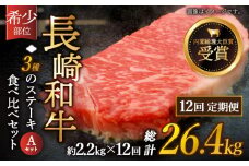 【全12回定期便】「希少部位 たっぷり 食べ比べ 」長崎和牛 贅沢3種の ステーキ Aセット 計26.4kg （約2.2kg/回）【黒牛】 [QBD061] ザブトン シャトーブリアン サーロイン 227万4千円 2274000円