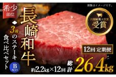 【全12回定期便】「希少部位 たっぷり 食べ比べ 」長崎和牛 贅沢3種の ステーキ Bセット 計26.4kg （約2.2kg/回）【黒牛】 [QBD067]  ヒレ ランプ リブロース 160万円 1600000円