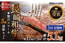 【全3回定期便】「希少部位 食べ比べ 」長崎和牛 贅沢 ステーキ 5種 堪能セット 計5.1kg （約1.7kg/回）【黒牛】 [QBD068] ヒレ サーロイン シャトーブリアン 43万2千円 432000円