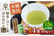【全12回定期便】さざの 有機栽培茶 ティーバッグ 詰め合わせ （緑茶・ほうじ茶 各60g×2袋/回）【宝緑園】 [QAH030] / 長崎県 佐々町
