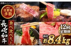 【全12回定期便】異なる調理法でお肉楽しむ 長崎和牛 食べ比べ セット 総計約8.4kg【株式会社 OGAWA】 [QBI008] 牛肉 赤身 サーロインステーキ カルビ / 長崎県 佐々町