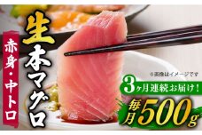 【全3回定期便】【ながさき水産業大賞受賞の新鮮なマグロを冷蔵でお届け！！】五島列島産 養殖 生本かみマグロ 赤身 中トロ 計約500g マグロ まぐろ 鮪 刺身 ブロック 【カミティバリュー】 [RBP029]