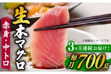 【全3回定期便】【ながさき水産業大賞受賞！！】五島列島産 養殖 生本かみまぐろ 赤身 中トロ ブロック 計約700g【カミティバリュー】 [RBP067]