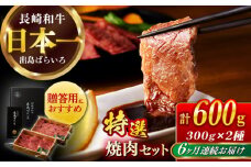 【全6回定期便】【日本一の和牛】長崎和牛 出島ばらいろ 特選焼肉 セット （ロース カルビ カタロース モモ のいずれか2種類）約300g×2 【合同会社　肉のマルシン】 [RCI047]