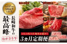 【1月・2月・3月配送！バラエティ3回定期便】長崎和牛セット(肩ロース すき焼き 600ｇ、ロース しゃぶしゃぶ 500ｇ、肩ロース 厚切り焼肉 500ｇ) 【カウベル深ぼり】 [RCK005]