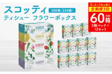 【定期便3回】【2ヶ月に1回お届け】【スコッティ】ティシュー フラワーボックス 250組 5箱パック×12セット 合計60箱 ティッシュ 日用品 生活必需品 消耗品 紙 まとめ買い ストック 備蓄