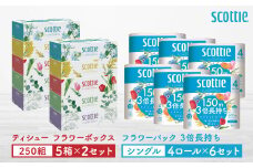 【スコッティ】ティシュー フラワーボックス 250組（5箱パック×2セット）＋フラワーパック 3倍長持ち（4ロール(シングル)パック×6セット）ティッシュ トイレットペーパー 日用品
