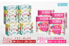 【スコッティ】ティシュー フラワーボックス 250組（5箱パック×2セット・3箱パック×2セット）＋フラワーパック 3倍長持ち（4ロール(ダブル)パック×4セット）ティッシュ トイレットペーパー 日用品