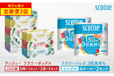 【定期便3回】【毎月1回お届け】【スコッティ】ティシュー フラワーボックス 250組（5箱パック×1セット・3箱パック×1セット）＋フラワーパック 3倍長持ち（4ロール(シングル)パック×2セット）ティッシュ トイレットペーパー 日用品