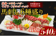 【桜屋】 馬刺し 6種 （赤身 ・ コウネ ・ ハツ  ・ サガリ ・ フタエゴ ・ ユッケ） 合計540g （専用醤油付き 150ml×1本）