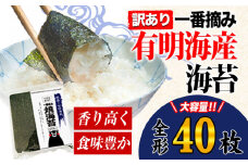 海苔 訳あり一 番摘み 有明海産 海苔 40枚 熊本県産（有明海産） 小分け 全形40枚入り×1袋 《45日以内に出荷予定(土日祝除く)》 海苔 のり 海苔 のり 海苔 訳あり海苔 有明海苔 全形