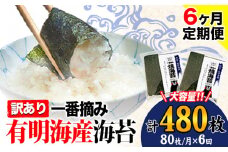 【6ヶ月定期便】 海苔 訳あり一 番摘み 有明海産 海苔 熊本県産（有明海産） 小分け 全形40枚入り×2袋 計480枚《お申込み月の翌月から発送開始》 訳あり海苔 有明海苔 全形
