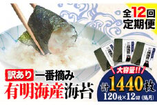 【全12回定期便】 海苔 訳あり一 番摘み 有明海産 海苔 熊本県産（有明海産） 小分け 全形40枚入り×3袋 計1440枚 隔月でお届け 《お申込み月の翌月から発送開始》 訳あり海苔 有明海苔 全形