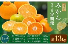 秀品 みかん 3ヶ月定期便 【リッチ：計13kg】 日本フルーツ株式会社《10月出荷開始》熊本県 荒尾市  早生みかん 温州みかん 不知火 果物 フルーツ スイーツ デザート ギフト ご贈答