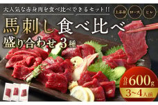 【フジチク ふじ馬刺し】馬刺し食べ比べ盛り合わせ（3〜4人前）上赤身200g・ロース200g・ヒレ200g 合計600g 3種 食べ比べ 馬刺し 赤身 ロース ヒレ 馬肉 熊本県