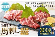 【阿蘇牧場】 阿蘇馬 馬刺し 3種 霜降り入（ 赤身 大トロ トロ ） 約300g 専用醤油付き（150ml×1本） 馬刺し 馬刺 馬肉 馬 霜降り 専用醬油
