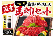 馬刺し 国産 サシが決め手の 「 トロ～り馬刺しセット 」 約500g | 肉 にく お肉 おにく 馬 馬肉 馬刺 霜降り 大トロ 中トロ 馬刺し専用醤油 セット 熊本県 玉名市