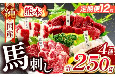 【 定期便 12回 】純 国産 熊本 馬刺し 4種類 250g | 肉 にく お肉 おにく 馬 馬刺 赤身 霜降り ふたえご たてがみ 小分け 専用タレ 定期 熊本県 玉名市