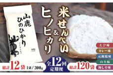 【12回定期便】【おつまみにも♪】米せんべい（えび味、カレー味、元祖塩味、のり味、梅しそ味）& ヒノヒカリ【せんべい工房】米煎餅 熊本 ひのひかり お米 お米せんべい せんべい定期 お米セット [ZBQ016]