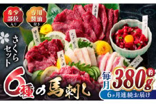 【6回定期便】ご家族で楽しめる「さくらセット」 計380g 国産 熊本 馬刺し 食べ比べ セット 希少部位 上赤身 霜降り 大トロ フタエゴ たてがみ ロース 馬刺しユッケ タレ付き 専用醤油付き 馬刺し 冷凍 おつまみ 晩酌【株式会社  利他フーズ】[ZBK014]