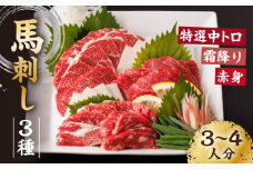 馬刺し バラエティセット 3種類 ～3・4人前～ 計300g（各1pc）＋タレ小 馬刺し 食べ比べ セット 特選霜降り馬刺し 霜降り馬刺し 馬刺し 馬肉 桜肉 馬 肉 霜降り 中トロ 赤身 タレ付き 冷凍 生食 肉食 刺身 九州 熊本県 特産品 山鹿 送料無料【馬刺しの郷 民守】[ZBL014]