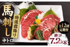【12回定期便】特選霜降り馬刺し（中トロ）計600g（6pc）＋タレ大 馬刺し 特選霜降り馬刺し 馬肉 桜肉 馬 肉 特選 霜降り 中トロ 便利 小分け 6パック タレ付き 冷凍 生食 肉食 刺身 九州 熊本県 特産品 山鹿 送料無料 【馬刺しの郷 民守】[ZBL099]