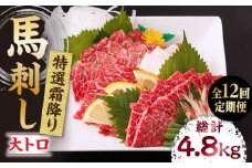【12回定期便】特選霜降り馬刺し（大トロ）計400g（4pc）＋タレ大  馬刺し 特選霜降り馬刺し 馬肉 桜肉 馬 肉 特選 霜降り 大トロ 便利 小分け 4パック タレ付き 冷凍 生食 肉食 刺身 九州 熊本県 特産品 山鹿 送料無料【馬刺しの郷 民守】[ZBL101]