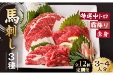 【12回定期便】馬刺し バラエティセット 3種類 ～3・4人前～ ＋タレ小 馬刺し 食べ比べ セット 特選霜降り馬刺し 霜降り馬刺し 馬刺し 馬肉 桜肉 馬 肉 霜降り 中トロ 赤身 タレ付き 冷凍 生食 肉食 刺身 九州 熊本県 特産品 山鹿 送料無料【馬刺しの郷 民守】[ZBL104]