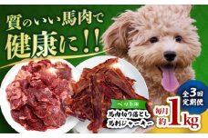 【全3回定期便】詰め合わせ 国内加工 ペット用 馬肉 切り落とし 1kg ペット用 馬刺しジャーキー 100g(50g×2) 【合同会社　長岡フーズ】 [ZFR066]