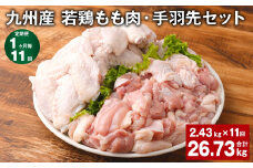 【1ヶ月毎11回定期便】 九州産 若鶏もも肉・手羽先セット 計約26.73kg（約2.43kg×11回） 鶏肉 もも肉 手羽先【お申込み翌月から出荷】