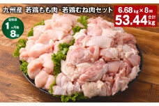【1ヶ月毎8回定期便】 九州産 若鶏もも肉・若鶏むね肉セット 計約53.44kg（約6.68kg×8回） 鶏肉 もも肉 むね肉【申込み翌月から出荷】