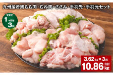 【1ヶ月毎3回定期便】 九州産若鶏もも肉・むね肉・ささみ・手羽先・手羽元セット 計約10.86kg（約3.62kg×3回） 鶏肉 お肉 セット【お申込み翌月から出荷】