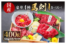 【国産 豪華4種馬刺し食べ比べセット】上赤身馬刺し約50g×2パック 小分けパック 霜降り馬刺し（中トロ馬刺し）50g×2パック 馬刺しユッケ50g×2パック 馬ロース50g×2パック ユッケたれ 2パック 馬刺し専用醤油 馬刺し ブロック 冷凍 お肉 熊本名物 馬刺し 上質 馬刺し 新鮮 お取り寄せ 晩酌 生食用 刺身 プレゼント 名物 特産品 熊本県 阿蘇市