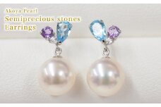 S085-301_7.5-8mm ブルートパーズ ライトアメジスト ホワイトトパーズ 半貴石 真珠 花珠級 スタッド ピアス 落ちない 揺れる ブラ 18k 18金 金 【K14WG】