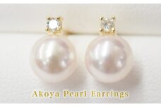 S085-307_7.5-8mm あこや真珠 スタッドピアス ピアス ホワイトピンク K18 ダイヤモンド 0.05ct 【K18YG】