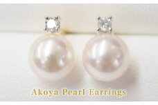 S085-308_7.5-8mm あこや真珠 スタッドピアス ピアス ホワイトピンク K18 ダイヤモンド 0.05ct 【K18WG】