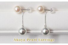 S085-351_NEW 天草産 7.5mm - 8mm × 8mm - 8.5mm 18K ホワイト ピンク ナチュラル あこや真珠 ピアス ダブルパールピアス【K14WG】