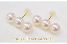 S085-353_天草産 K18 3連 パールピアス あこや真珠 7.5mm - 8mm 【K18YG】