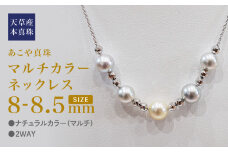S101-377_あこや真珠 ナチュラルカラー マルチカラー 8mm - 8.5mm 5粒 ステーション ネックレス SV925 シルバー925 あずきチェーン 真珠 ミラーボール シリコン加工