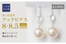 S101-419_あこや真珠 天草 ピアス シェル 8mm - 8.5mm ドロップ ホワイトピンク K18 K14 YG K14WG