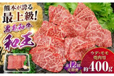 【全12回定期便】熊本県産 A5等級 黒毛和牛 和王 ウデ・モモ 焼肉用 約400g 計約4.8kg【帝神志方ミート 株式会社】 牛 肉 うで ウデ 腕 モモ もも 焼き肉 バーベキュー A5 和牛 国産 熊本 定期便 [AYCH022]