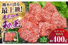 【全3回定期便】熊本県産 A5等級 黒毛和牛 和王 ウデ・モモ 焼肉用 約400g 計約1.2kg【帝神志方ミート 株式会社】 牛 肉 うで ウデ 腕 モモ もも 焼き肉 バーベキュー A5 和牛 国産 熊本 定期便 [AYCH030]