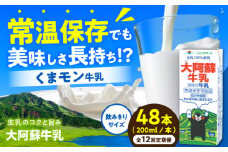 【全12回定期便】大阿蘇牛乳 ロングライフ くまモンラベル 200ml 48本（12本入り×4ケース） 9.6L【合同会社 福福堂】成分無調整牛乳 ミルク カルシウム 牛乳 常温保存 長期保存 送料無料 [AYAC057]