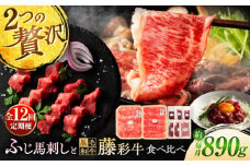 【全12回定期便】「フジチクオリジナル」ふじ馬刺しと藤彩牛の贅沢食べ比べセット 3906  / ロース 上赤身 牛 ぎゅう うし 肉 ばさし ランプ ゆっけ ユッケ ロース 新鮮 たれ 専用 熊本県 菊陽町【株式会社フジチク】 [BHAD056]