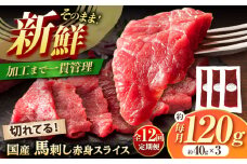 【全12回定期便】まな板不要! フジチク 切れてる 国産馬刺し 3P 計約120g　/ 定期便 専用醤油付き 生姜付き おすすめ 馬刺 赤身 国産 赤身馬刺し ばさし 冷凍 熊本県 菊陽町【株式会社フジチク】 [BHAD104]