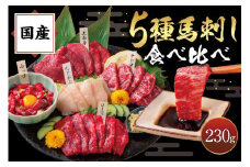 【国産】熊本馬刺し 5種 食べ比べセット 230g  国産 熊本 馬刺し 専用醤油 たれ付き 肉 絶品 ヘルシー 馬肉 馬刺 肉刺し 上赤身 中トロ たてがみ ユッケ 赤身 ロース 熊本肥育 冷凍 生食用 詰め合わせ セット 阿蘇 南小国町 送料無料