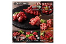 【フジチク】熊本と畜 ふじ馬刺し オリジナル 堪能セット 詰め合わせ 赤身 霜降り 高級 希少部位 三枚バラ 大トロ 中トロ ヒレ シャトーブリアン ロース ランプ 上赤身 フタエゴ バラヒモ ユッケ ネギトロ 専用たれ 計820g